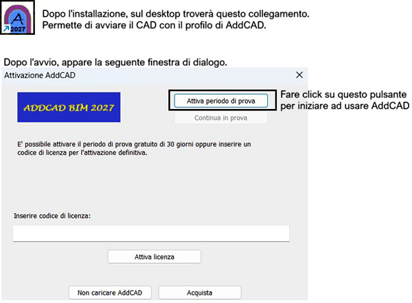 Finestra di attivazione del periodo di prova di AddCAD BIM